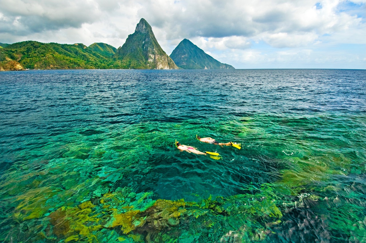 Snorkeling with a Piton backdrop