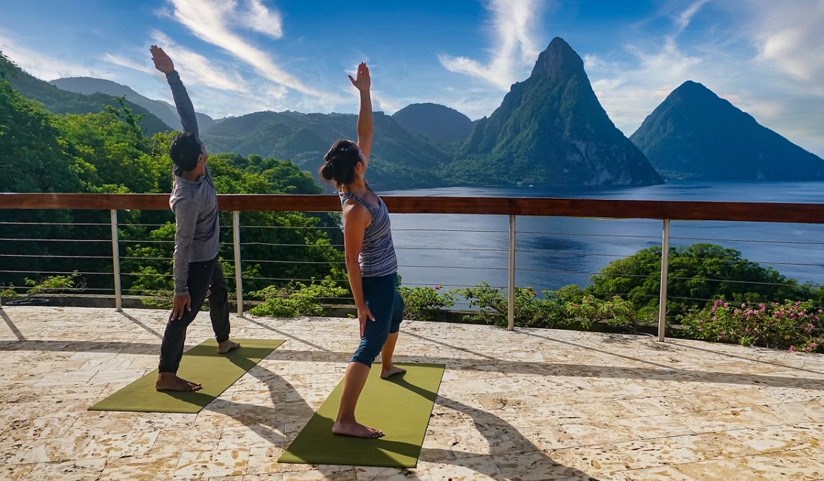 Yoga on Jade Mountain Terrace in St Lucia overlooking Pitons